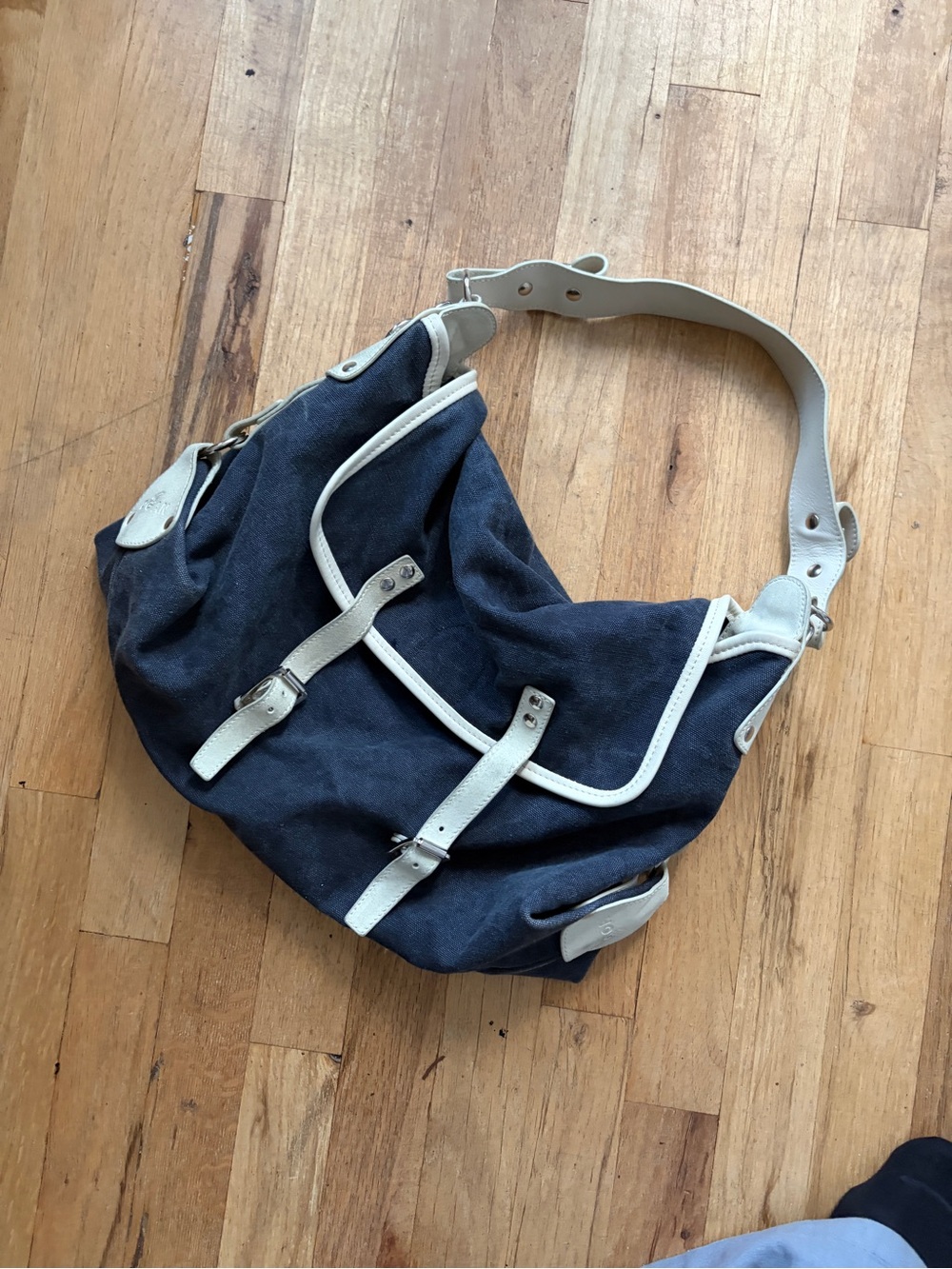 Hogan Navy Canvas Hobo with Cream Trim